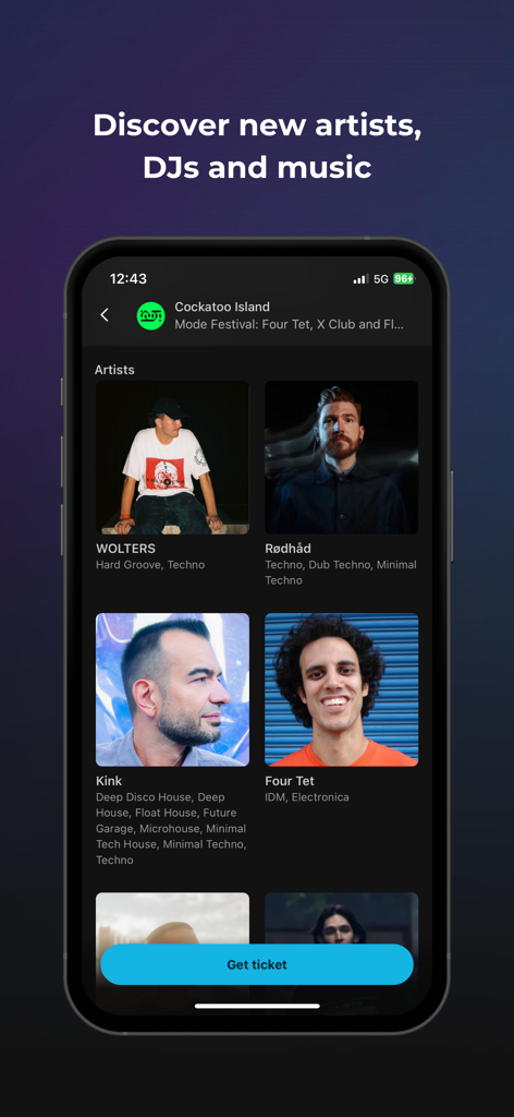LINES Your Go-To For Going Out - Interface of the LINES app showing a discovery screen for artists and DJs at a music festival with a button to buy tickets.