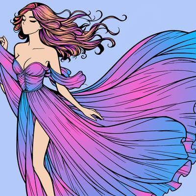 realistic woman in dress flowing the the wind