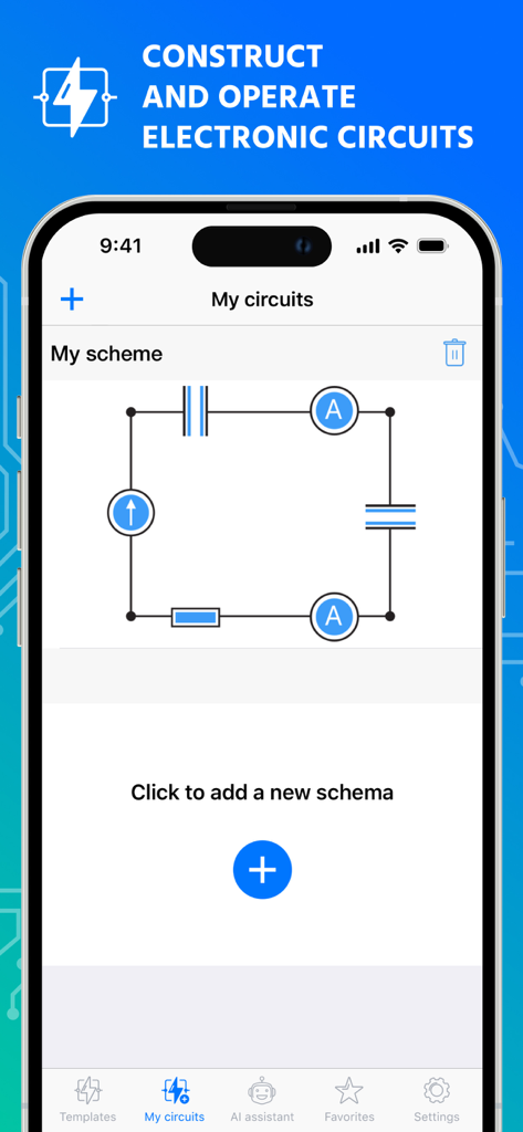 Circuit Builder Calc: Solver - Interface of the Circuit Builder Calc app on an iPhone showing a schematic editor for constructing electronic circuits.