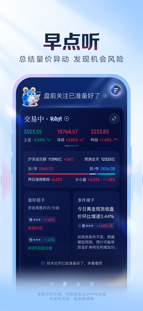 A mobile app interface for AI ZhangLe showing the Morning Listen feature with real-time stock market data and AI-driven event analysis.