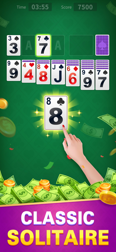 Solitaire Win Cash: Real Money - Gameplay screen of Solitaire Win Cash showing a card move above a pile of dollar bills and coins.