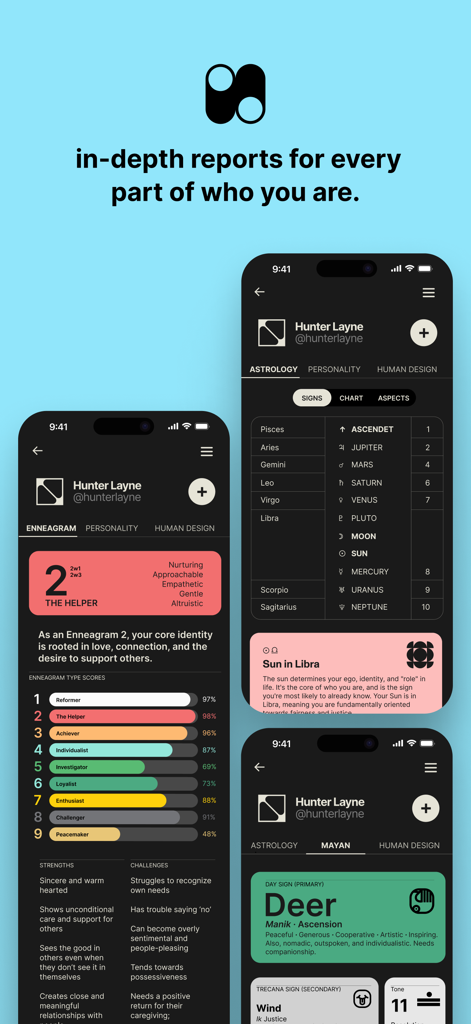 Mirror Personality + Astrology - Interfaz de la aplicación Mirror que muestra informes detallados de Eneagrama y Astrología