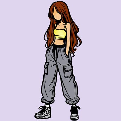 girl in baggy pants crop top and long hair