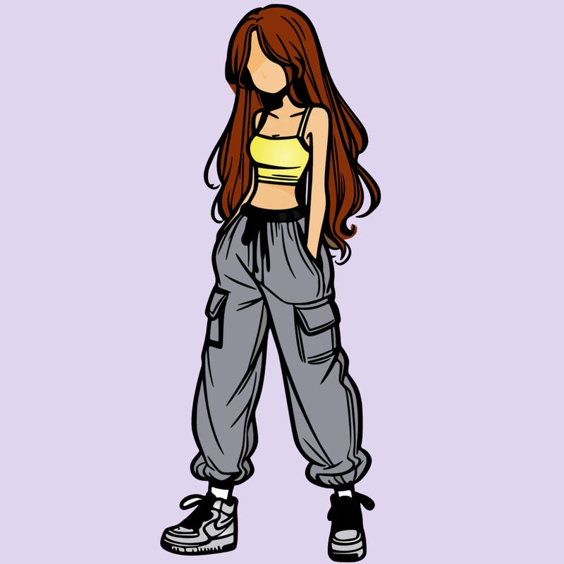 girl in baggy pants crop top and long hair