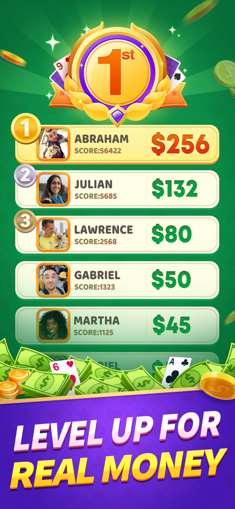 FreeCell Solitaire: Real Money - Leaderboard displaying top players and their real money cash winnings in FreeCell Solitaire