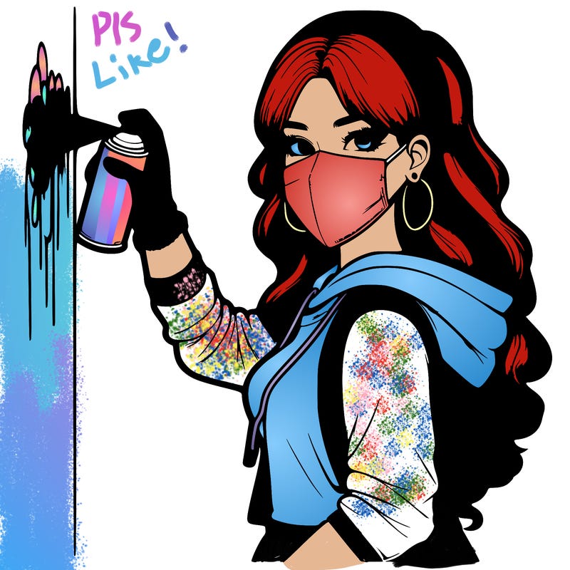 realistic girl with mask spray painting a wall