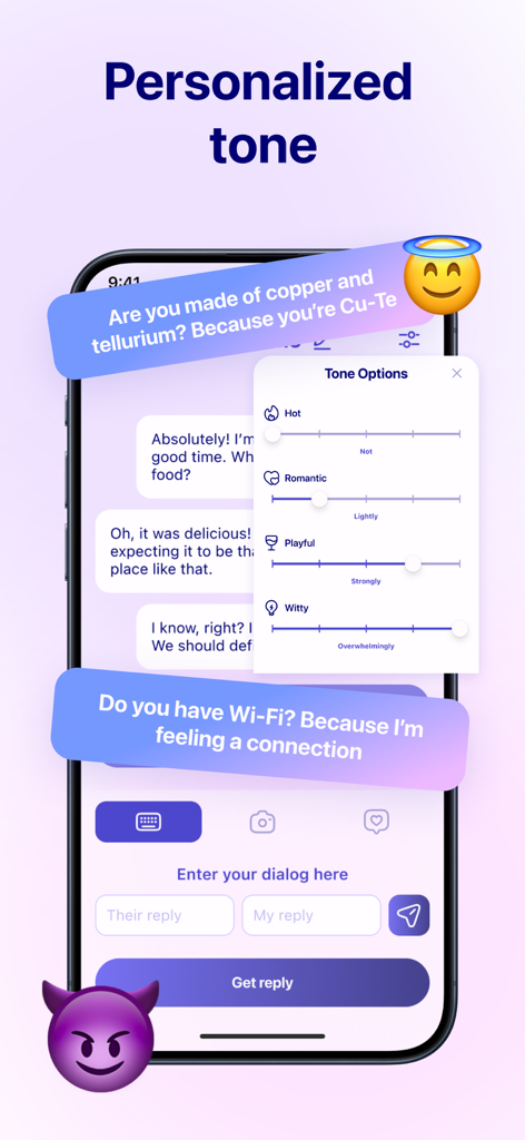 AI Flirt Wingman: Text Helper - Interface do aplicativo AI Flirt Wingman mostrando controles deslizantes de ajuste de tom personalizados para respostas românticas, brincalhonas e espirituosas ao lado de exemplos de cantadas.