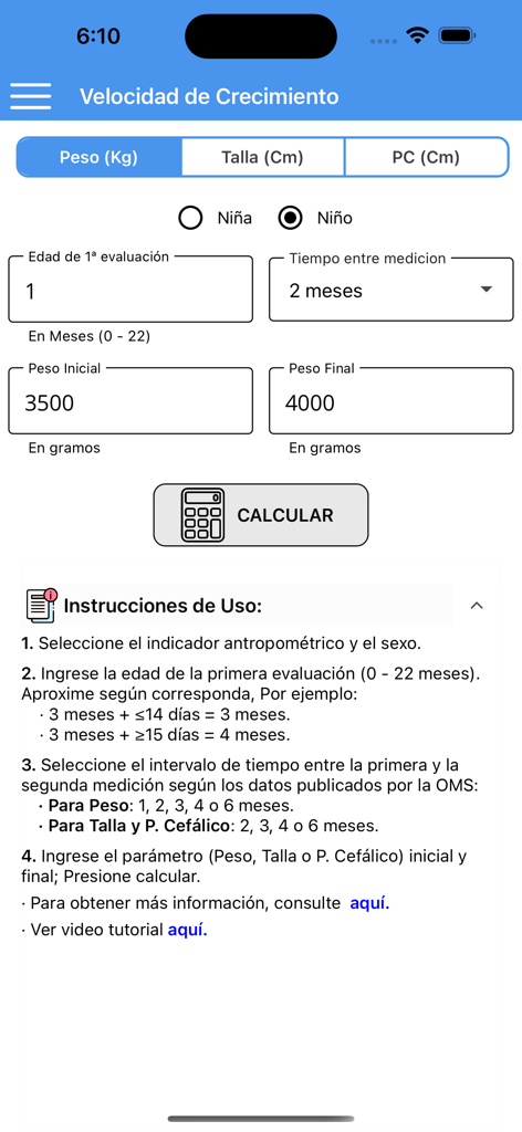 Pediatric growth velocity calculator interface in the OMS AnthroP app