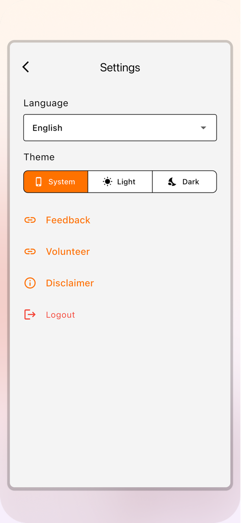 Settings screen of the Ask Nithyananda AI app showing language selection and theme customization options