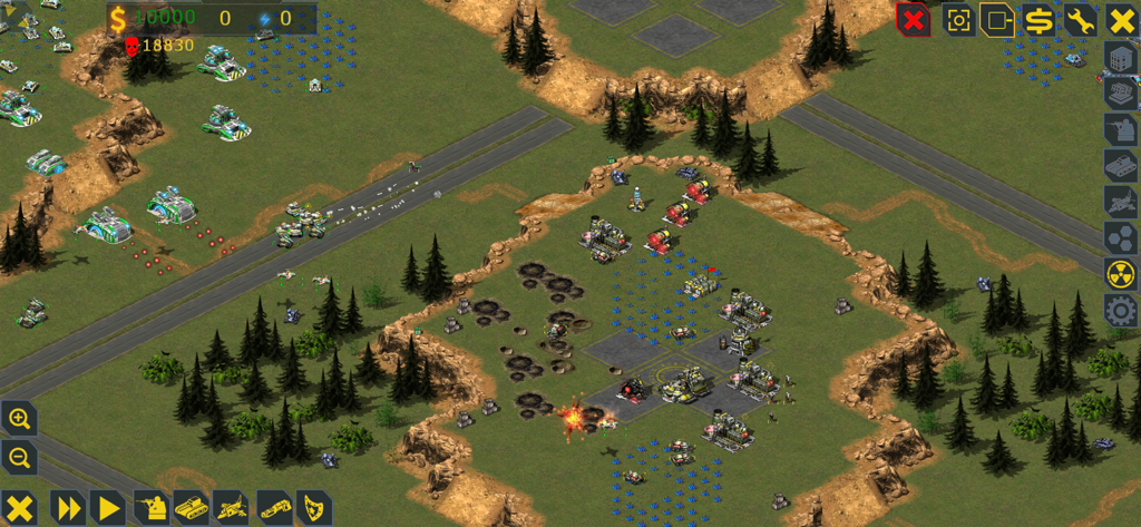RedSun RTS gameplay showing base construction and military units in an isometric 2D style