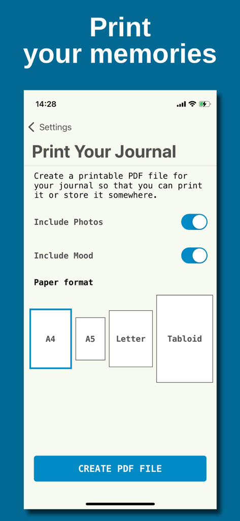 My Daily Diary ‎ - Interfaz de la aplicación Mi Diario Personal que muestra opciones para exportar e imprimir entradas de diario como archivo PDF.