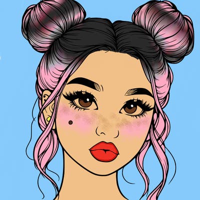 realistic girl with two buns on her hair and lips
