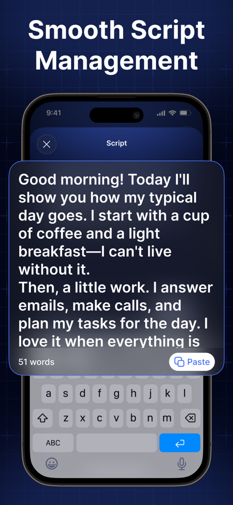 Teleprompter Video Scripts App - Interfaz de la aplicación Teleprompter para Guiones de Vídeo que muestra la función de gestión de guiones con un editor de texto y un botón de pegar.