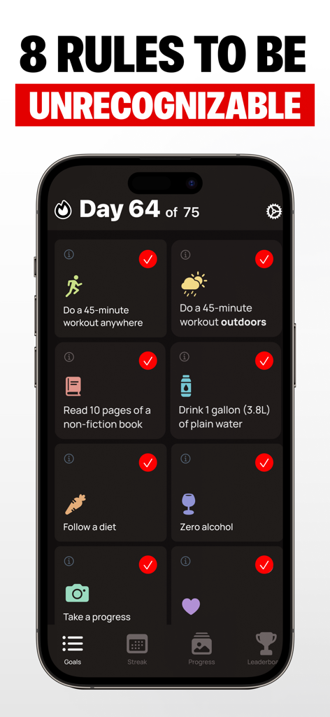 75 Day Challenge - Hard & Soft - Daily rules checklist for 75 day challenge app including workouts and habits tracking