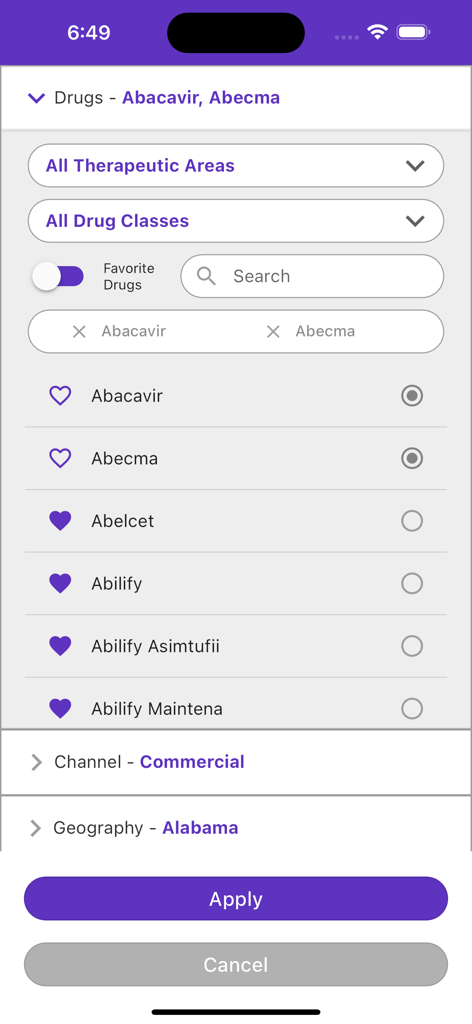 Tela de busca e filtro para medicamentos e planos de seguro no aplicativo Cobertura de Medicamentos na Ponta dos Dedos