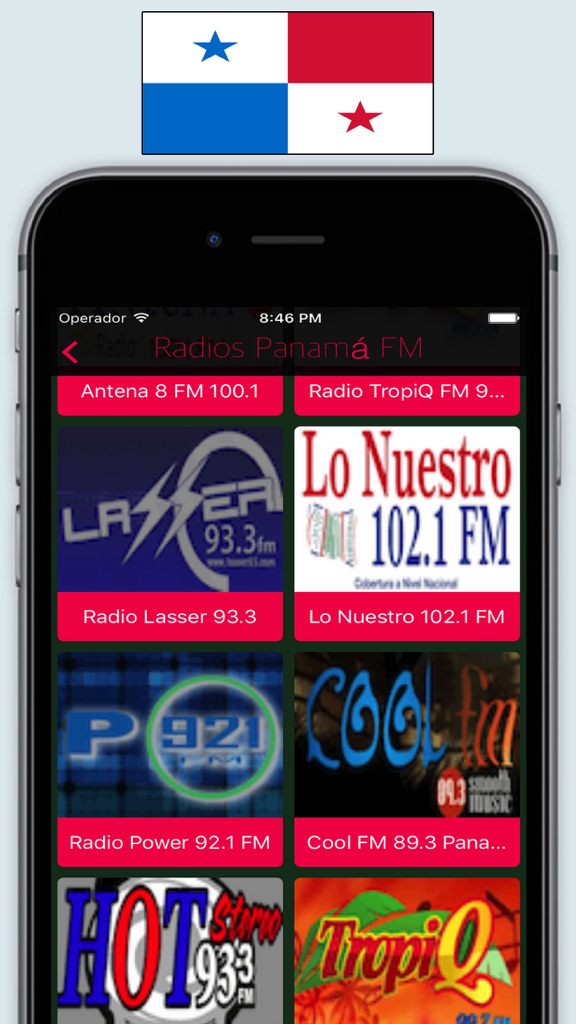 Radio Panamá FM / Live Radios Stations Online App - Interface do aplicativo Rádio Panamá FM mostrando uma lista de estações de rádio ao vivo