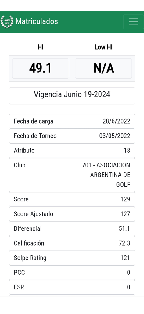 AAG Matriculados - Pantalla de la aplicación móvil AAG Matriculados que muestra el índice de hándicap de golf y los detalles de la puntuación del torneo