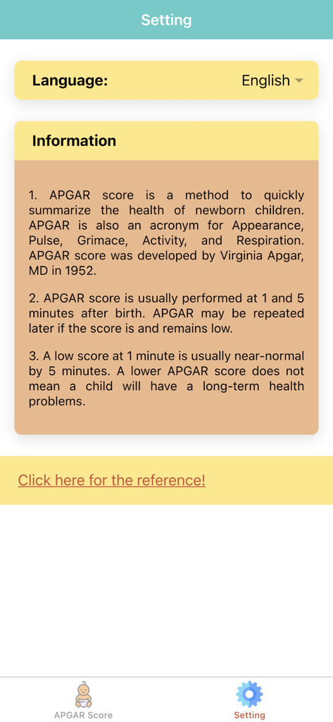 評価情報と選択言語を示すPediatric APGAR Scoreアプリの設定画面
