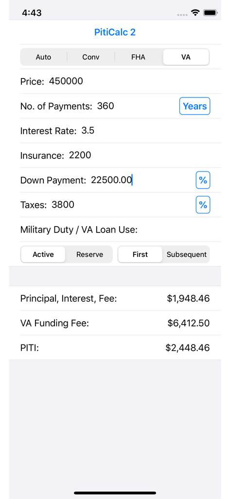PitiCalc2 mobile app interface showing VA loan mortgage calculations including VA funding fee and PITI results