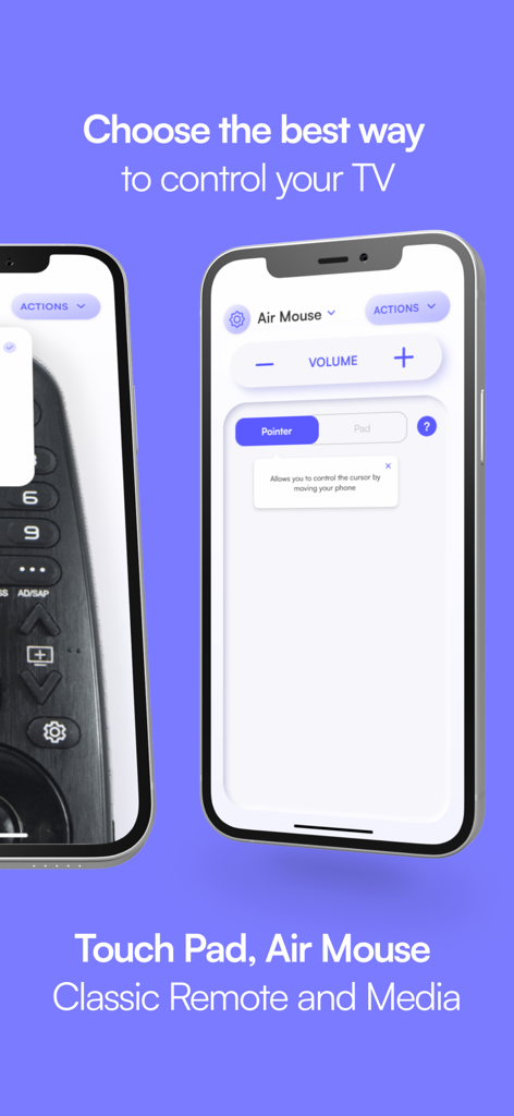 Capturas de pantalla de la aplicación de control remoto LG TV que muestran las interfaces de control del ratón de aire y el panel táctil en iPhone