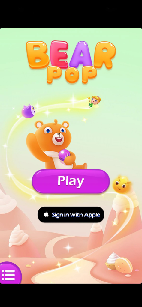Bear Pop - Bubble Shooter Game - Home screen of Bear Pop game featuring a cute brown bear holding a bubble and a purple play button