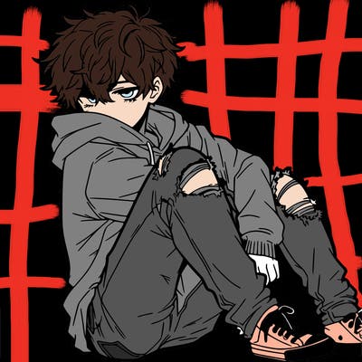 a male hoddie ripped jeans messy hair anime