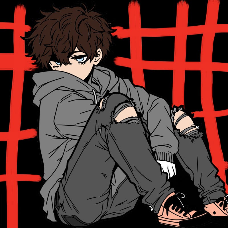 a male hoddie ripped jeans messy hair anime