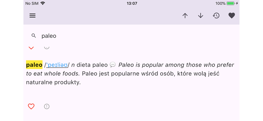 A screenshot of the Wielki slownik app showing the English to Polish translation and definition for the word paleo.