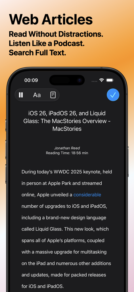 Surfed Pro Browser & Bookmark - Surfed Pro app showcasing distraction-free web article reading and listening on iPhone.