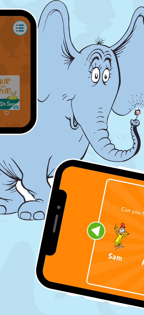 A screenshot showing the Dr. Seuss Deluxe Books App interface with Horton the elephant and interactive story elements.