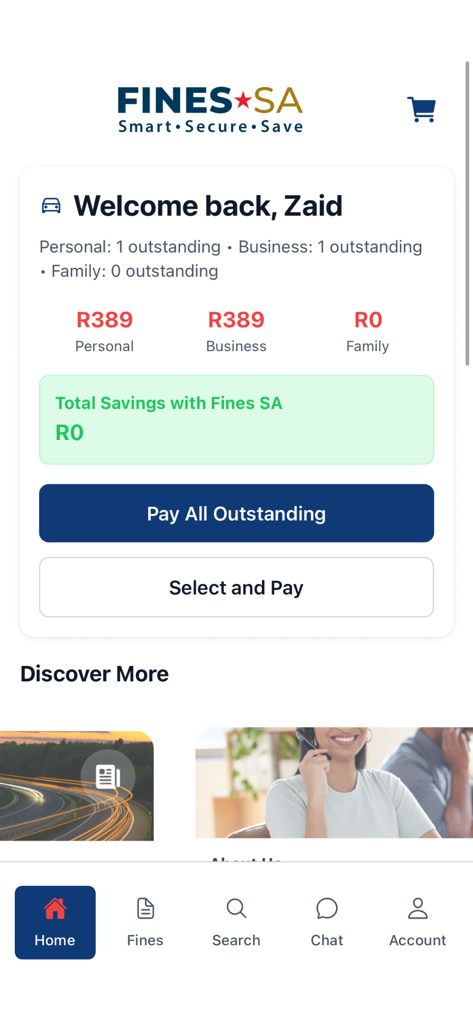Dashboard of the Fines SA app showing a summary of outstanding personal and business traffic fines