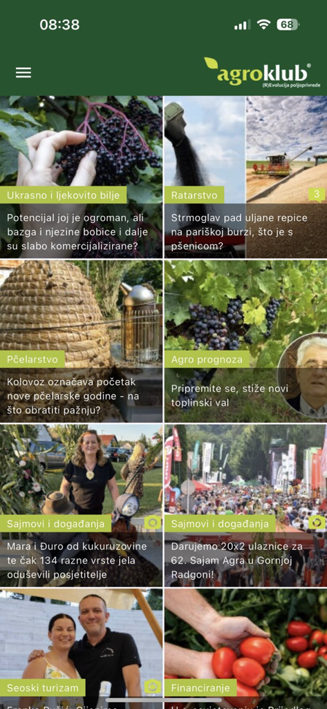 Agroklub - Agroklub mobile app interface showing a news feed with articles on beekeeping, crop farming, and rural events.