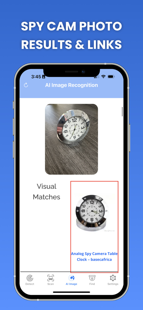 Hidden Camera Detector - Interfaz de la aplicación Hidden Camera Detector mostrando el reconocimiento de imágenes con IA que compara un reloj de mesa con un modelo de cámara espía conocido