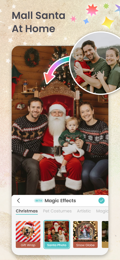 PicCollage Magic Effects feature showing a family photo edited into a picture with Santa Claus