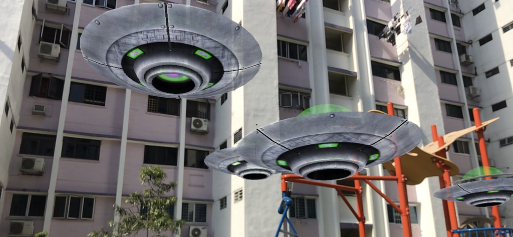 AR Blaster - 3D UFO models hovering over an apartment building in an augmented reality game