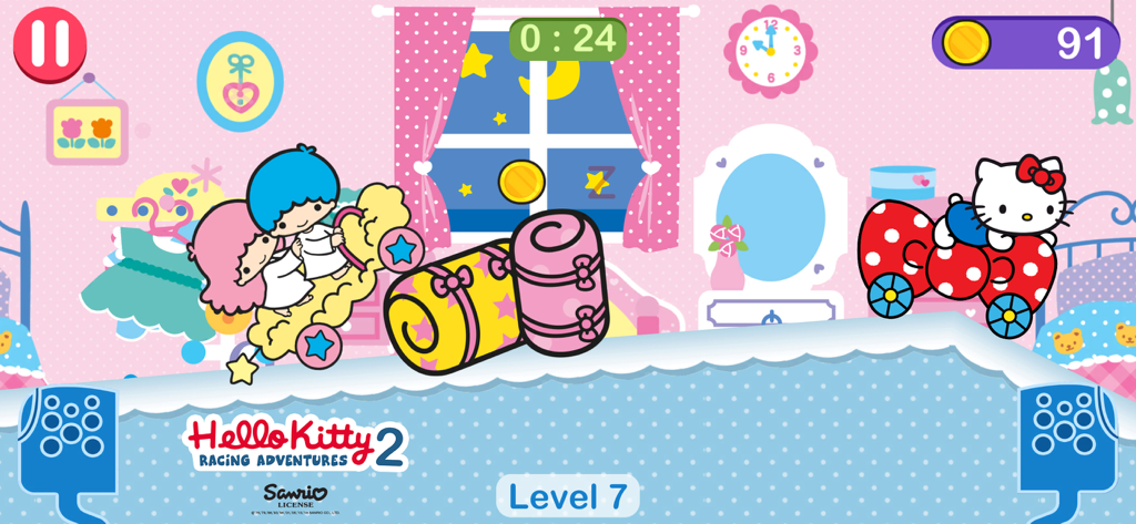 Hello Kitty car games for girl - Hello Kitty and LittleTwinStars racing in a pink bedroom on level 7 of Hello Kitty Racing Adventures 2.