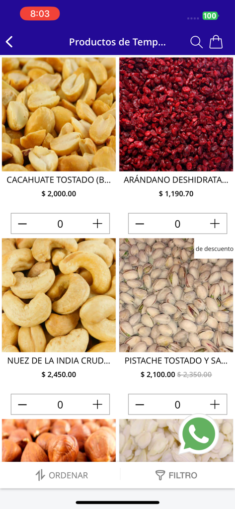 Mayoreo Online - Interfaz de la aplicación Mayoreo Online que muestra precios al por mayor de nueces y semillas de la Central de Abasto
