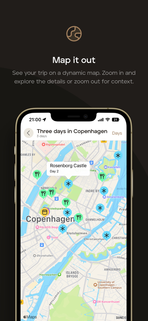 Mapa de viaje interactivo en la aplicación TripMapper que muestra ubicaciones y actividades marcadas para un itinerario de Copenhague