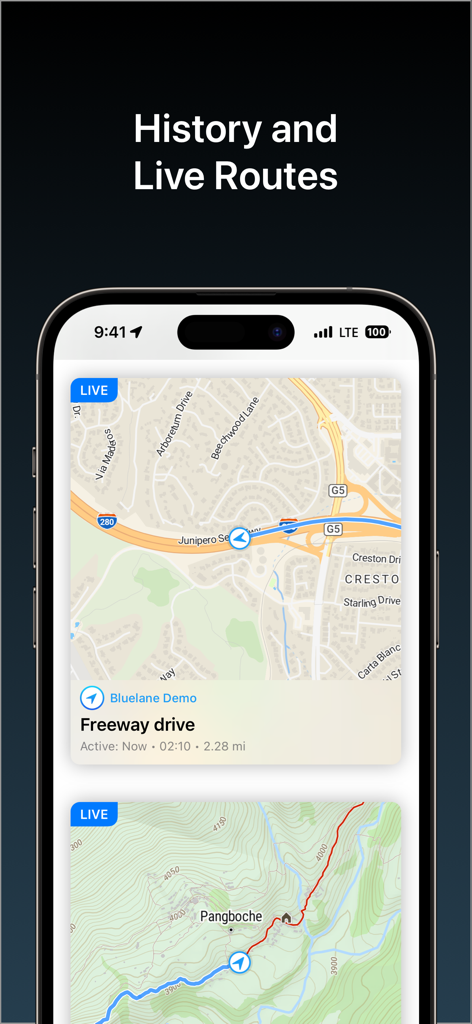 Bluelane - Bluelane app interface showing live GPS route tracking and history on a smartphone