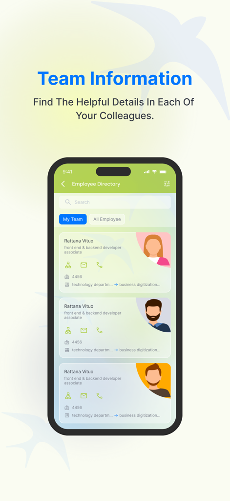 Wing Digital - Wing Digital mobile app interface showing the employee directory with colleague profiles and contact information