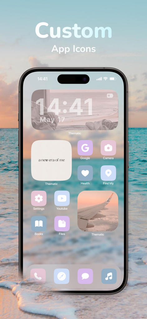Thematic - Top Color Widgets - iPhone home screen with custom aesthetic pastel app icons and widgets