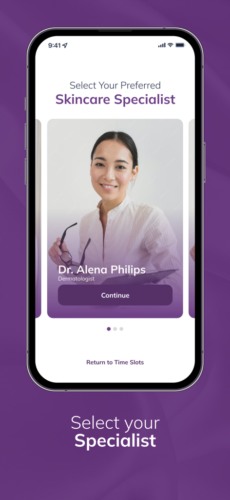 A mobile app interface from SkinStation Online allowing users to select a preferred skincare specialist like a dermatologist