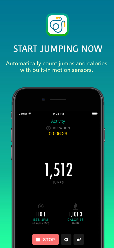 줄넘기 마스터 앱 인터페이스, 점프 횟수, 지속 시간, 소모 칼로리 표시