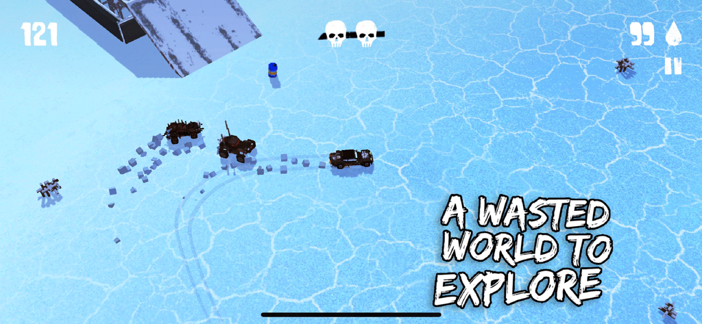 Isometric voxel cars driving through a blue post-apocalyptic desert landscape