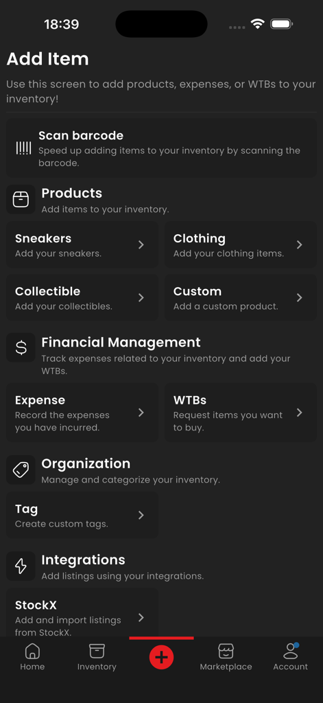 PocketSneaker app Add Item screen showing options to catalog sneakers, clothing, and collectibles while managing expenses and StockX integrations.
