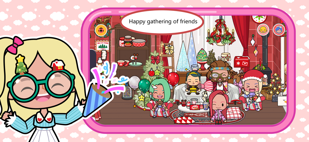 Miga Town: My World - Cartoon characters celebrating a festive holiday party in the Miga Town My World game