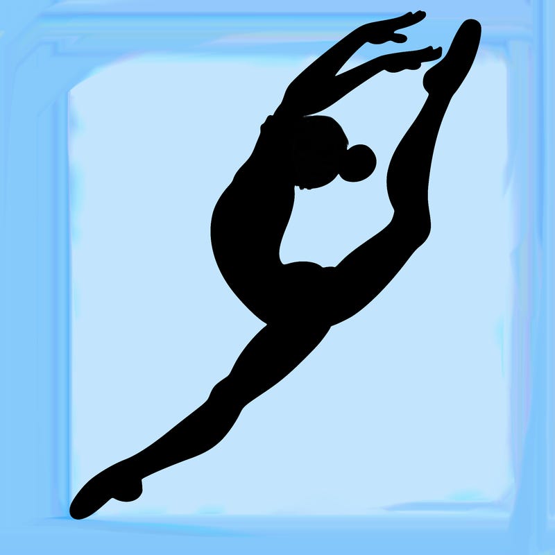 gymnast doing a leap in a leotard with a bent back leg
