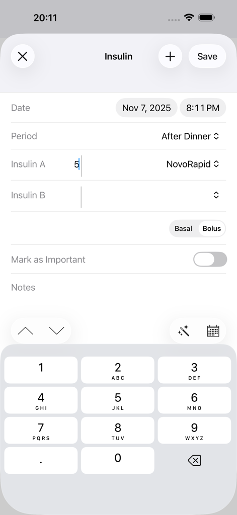 Tela de registro de insulina no aplicativo DiabetesPal mostrando entrada de dosagem e horário