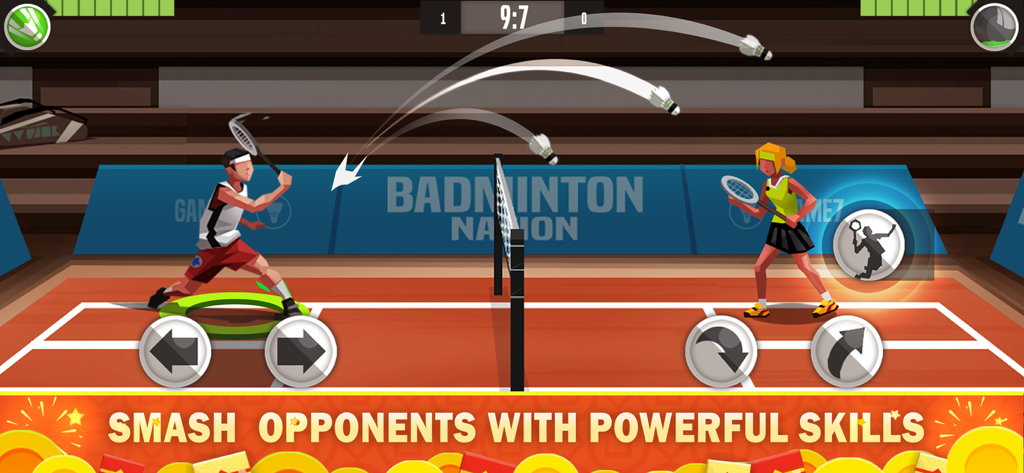 Gameplay screenshot of Badminton League showing characters playing a match and performing a powerful smash