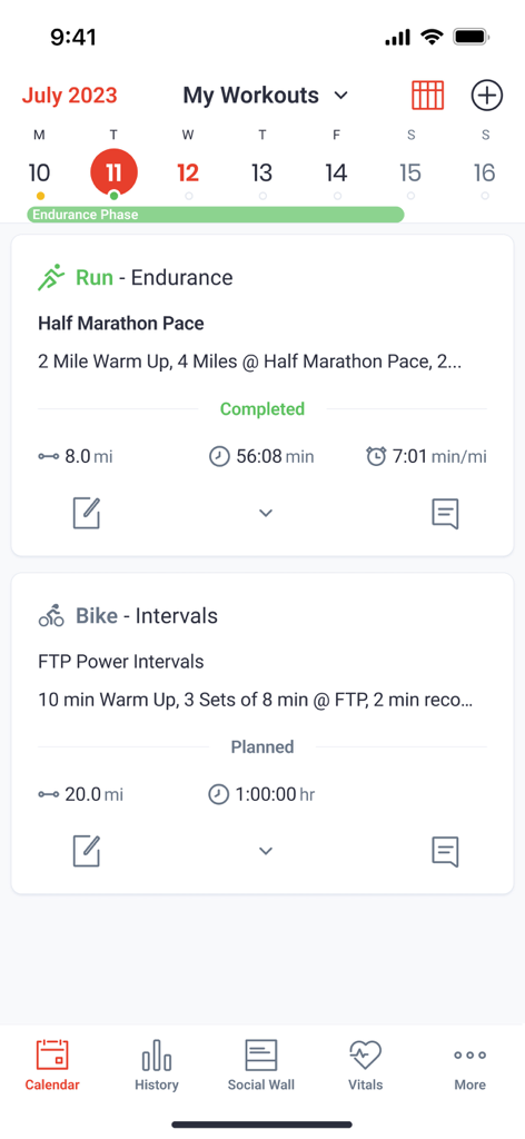 Final Surge - Final Surge mobile app training calendar showing a completed endurance run and a planned cycling interval workout
